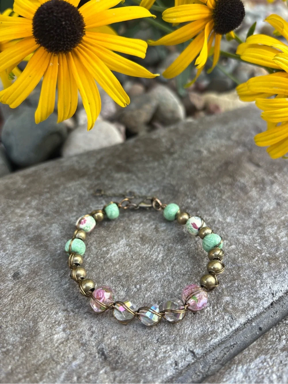 Handmade Pink & Mint Beaded Necklace, Bracelet & Earring Set
